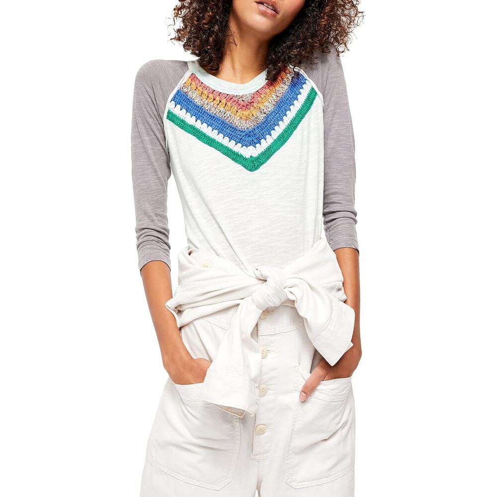 Free People Spring Bound Crochet Detail Top Blue Combo Women's Size S